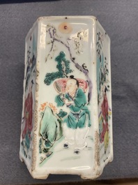 A hexagonal Chinese famille rose brush pot with figurative panels, Yongzheng